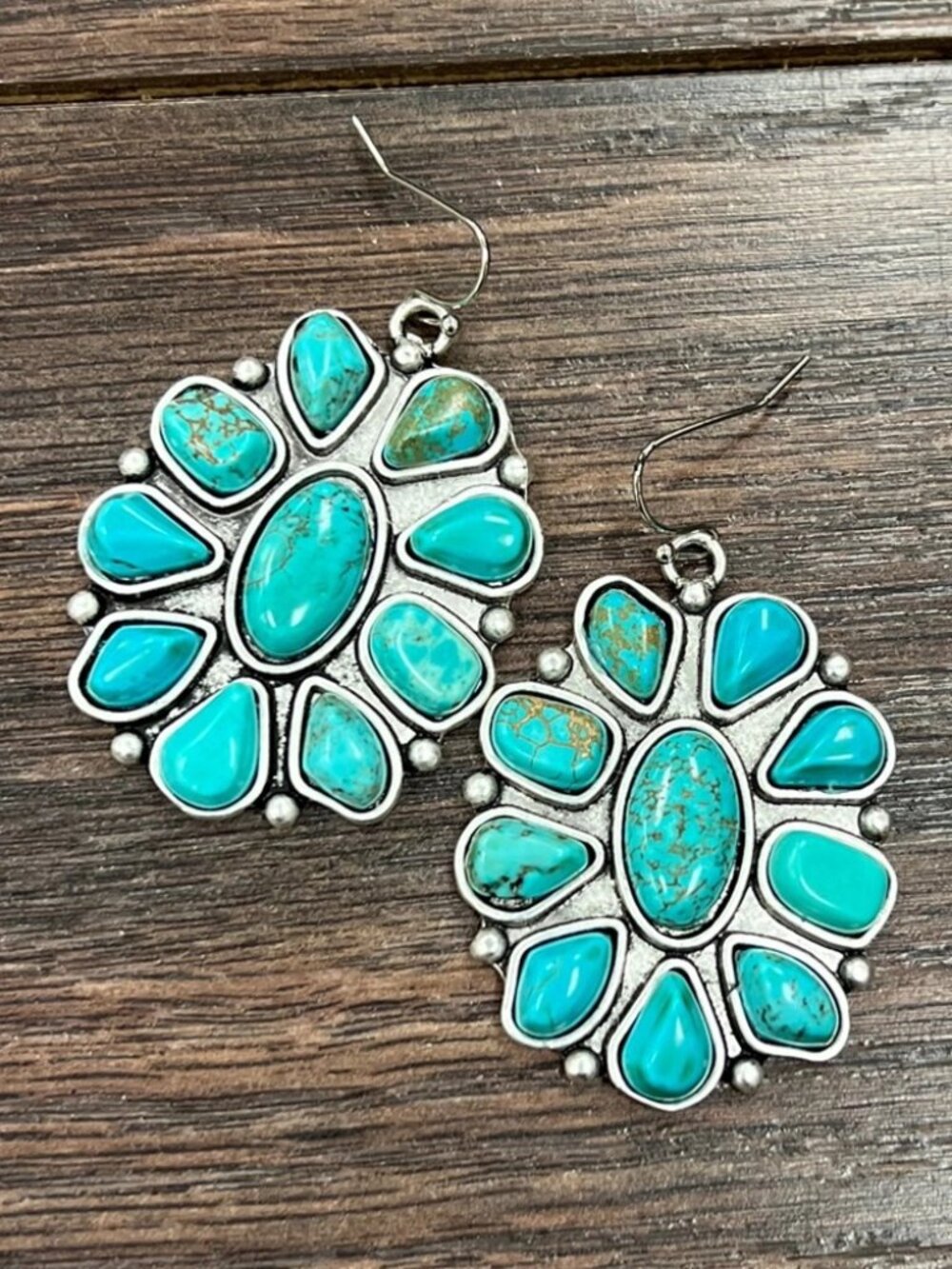 Western Turquoise Cluster Earrings Silver Boho Cowgirl Rodeo Jewelry